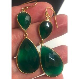 1698 Vermeil 925 sterling Green agate teardrop elegant Earrings 7.8 grams